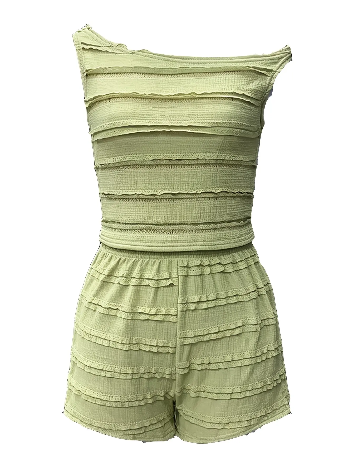 Green asymmetric knit top and shorts set